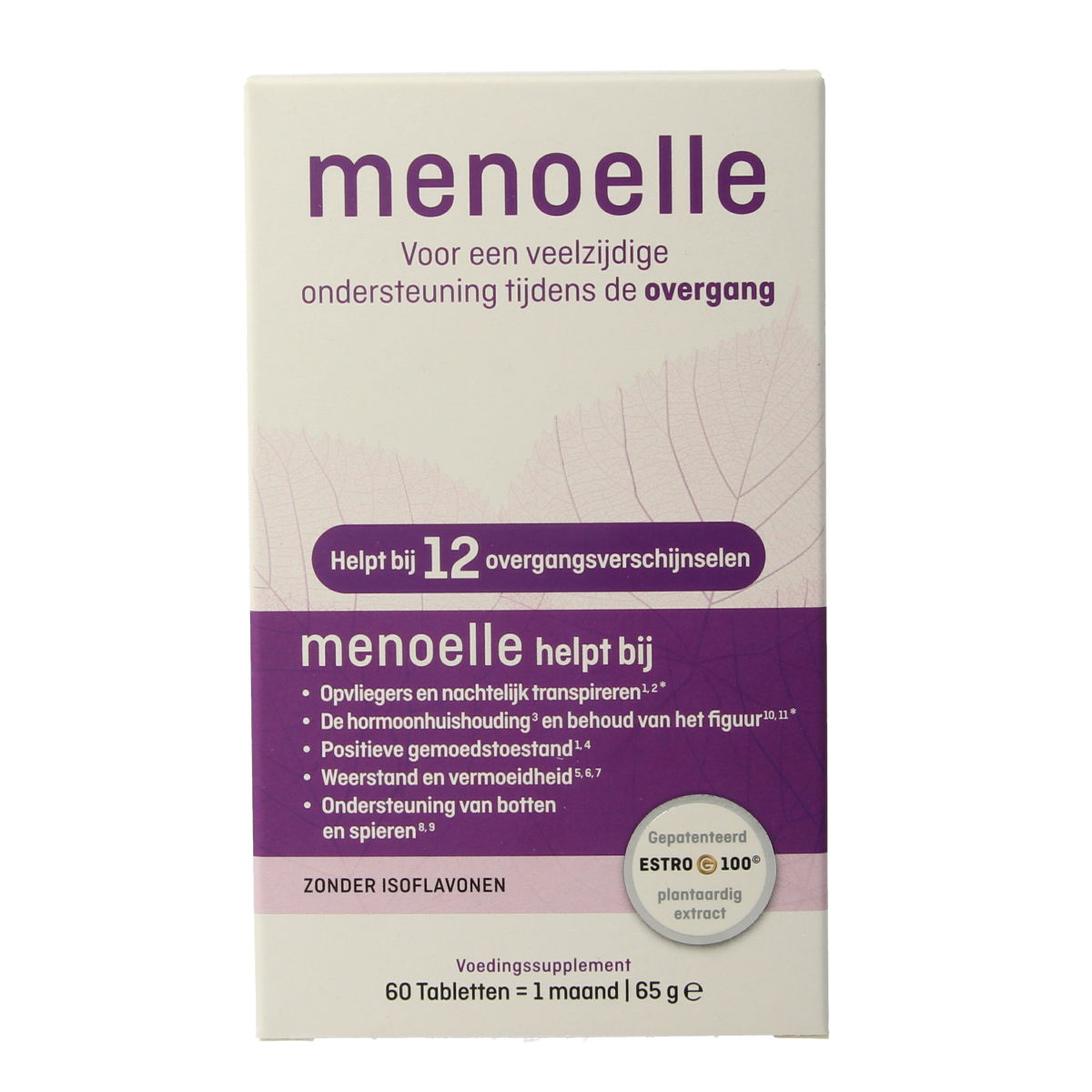Menoelle Overgang tabletten, herbal supplement in a bottle, with 60 tablets for menopause support.