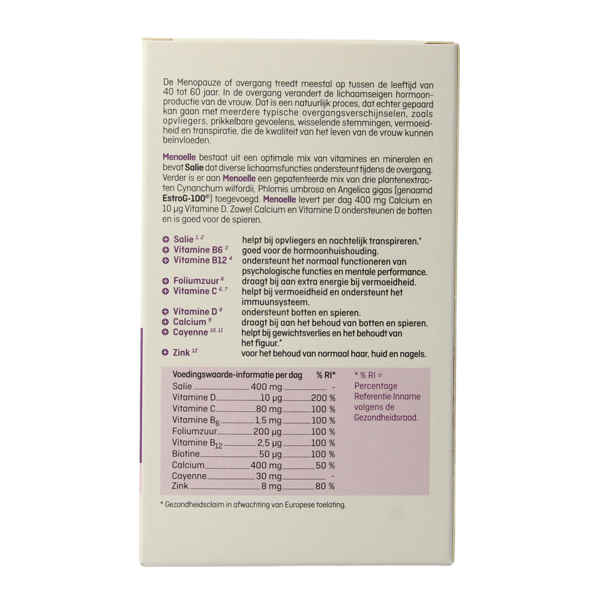 Menoelle Overgang tabletten, herbal supplement in a blister pack, designed for hormonal balance support during menopause.
