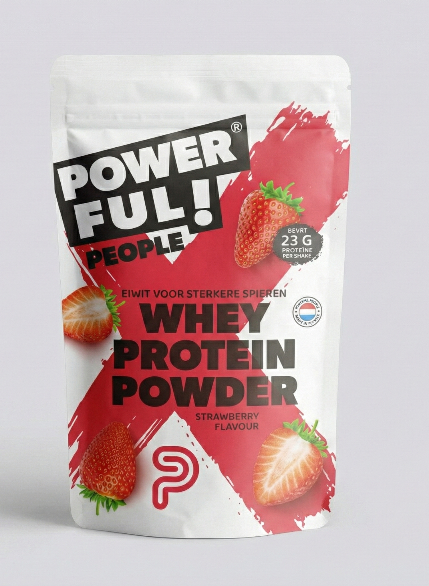 Powerful People strawberry protein powder container, 330g, amino acids supplement with vibrant label and branding on front.