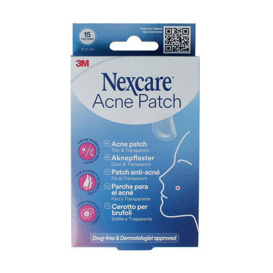 Nexcare Acnepleister facial acne treatment patches, 15 count, clear waterproof design for targeted blemish coverage.