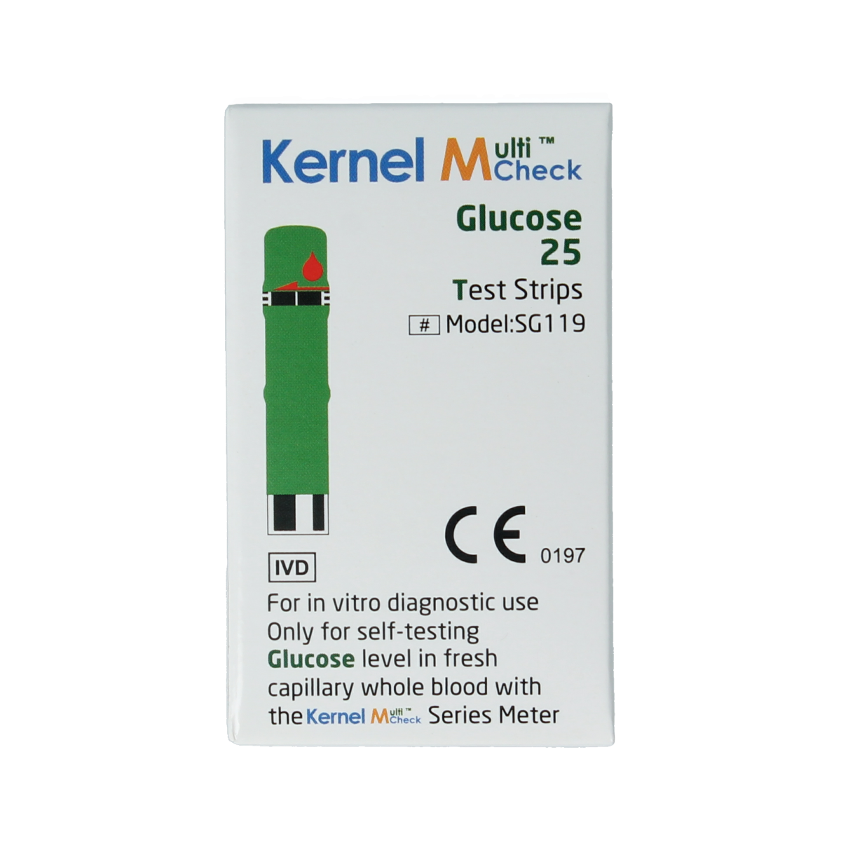 Testjezelf.nu Multicheck glucose test strips, 25-pack, with close-up of strips for blood sugar testing.