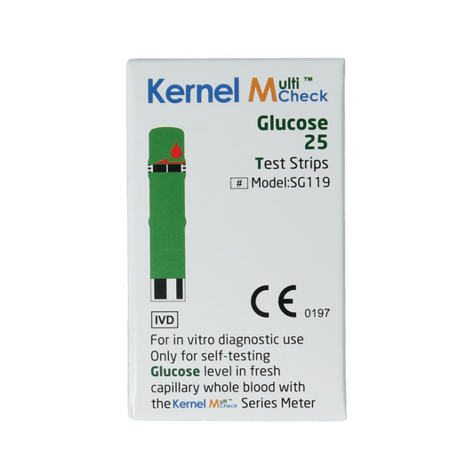 Testjezelf.nu Multicheck glucose test strips, 25-pack, with close-up of strips for blood sugar testing.