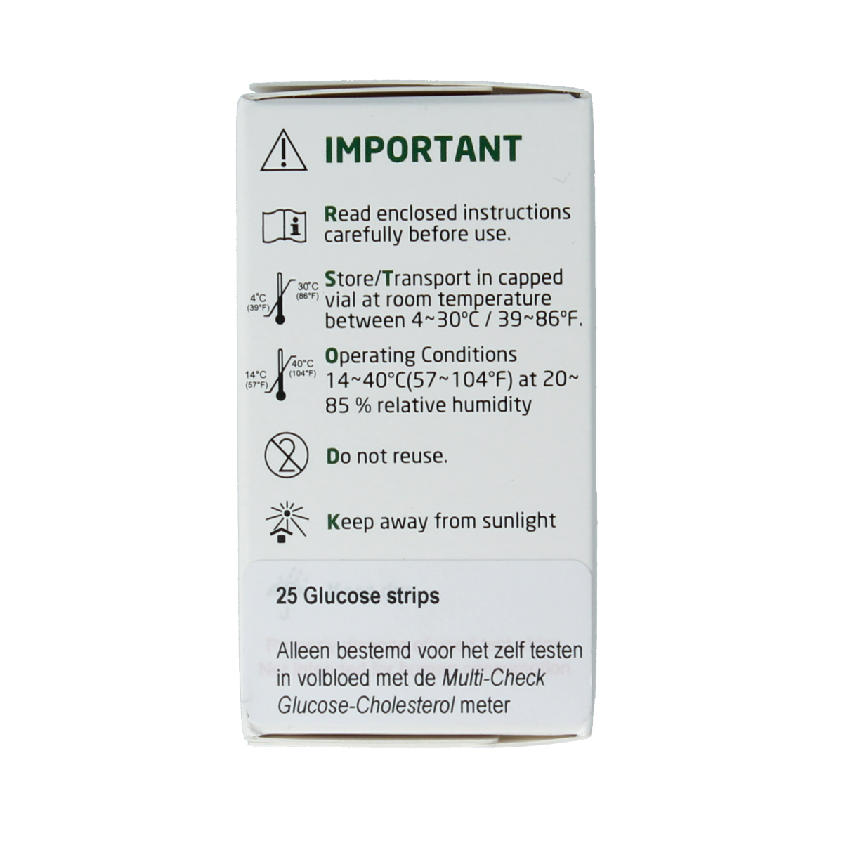 Testjezelf.nu Multicheck glucose test strips, 25-pack, showing individual strips with color indicator for blood glucose testing.