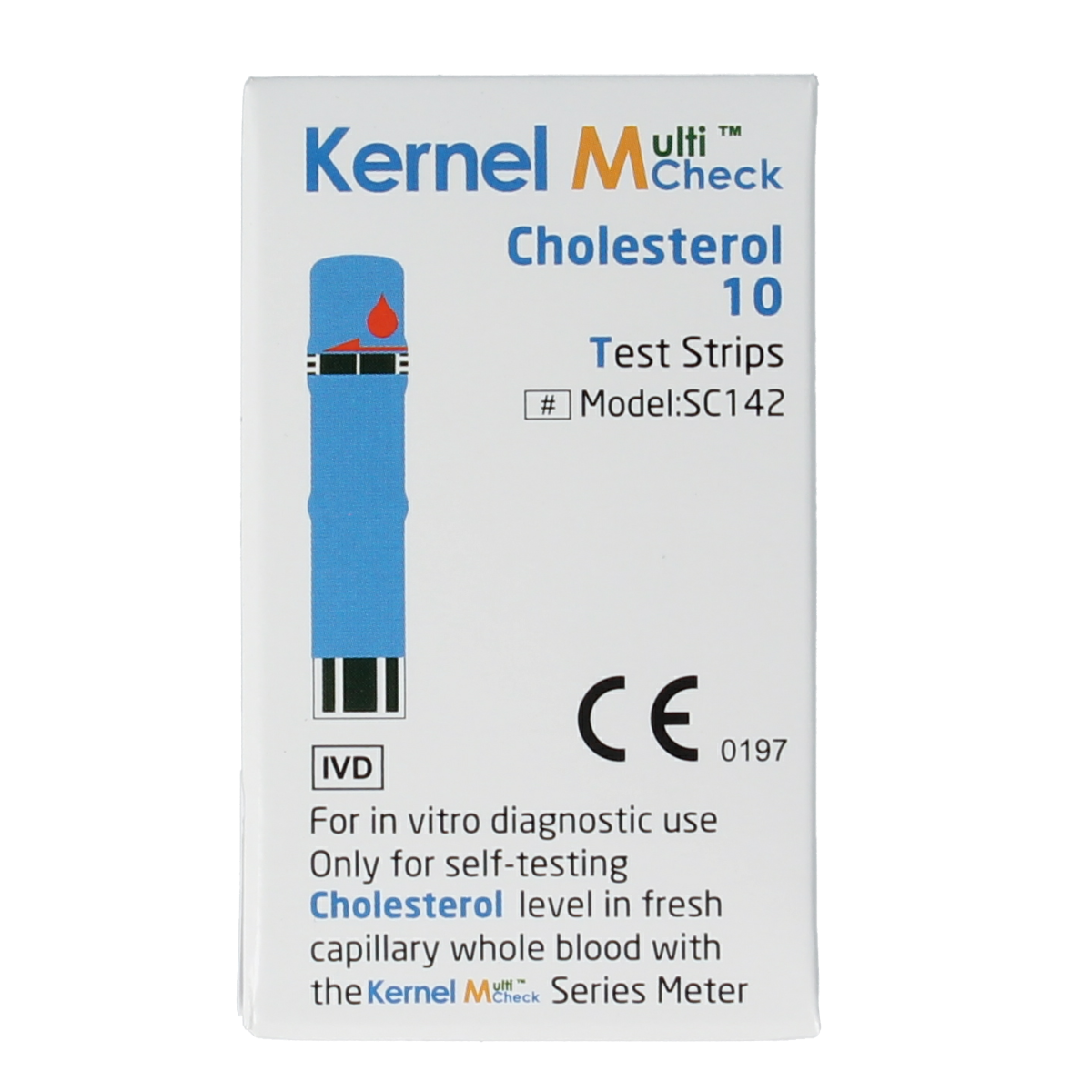 Testjezelf.nu Multicheck cholesterol test strips, 10-pack, showing close-up of the strips with detailed labels and color indicator.