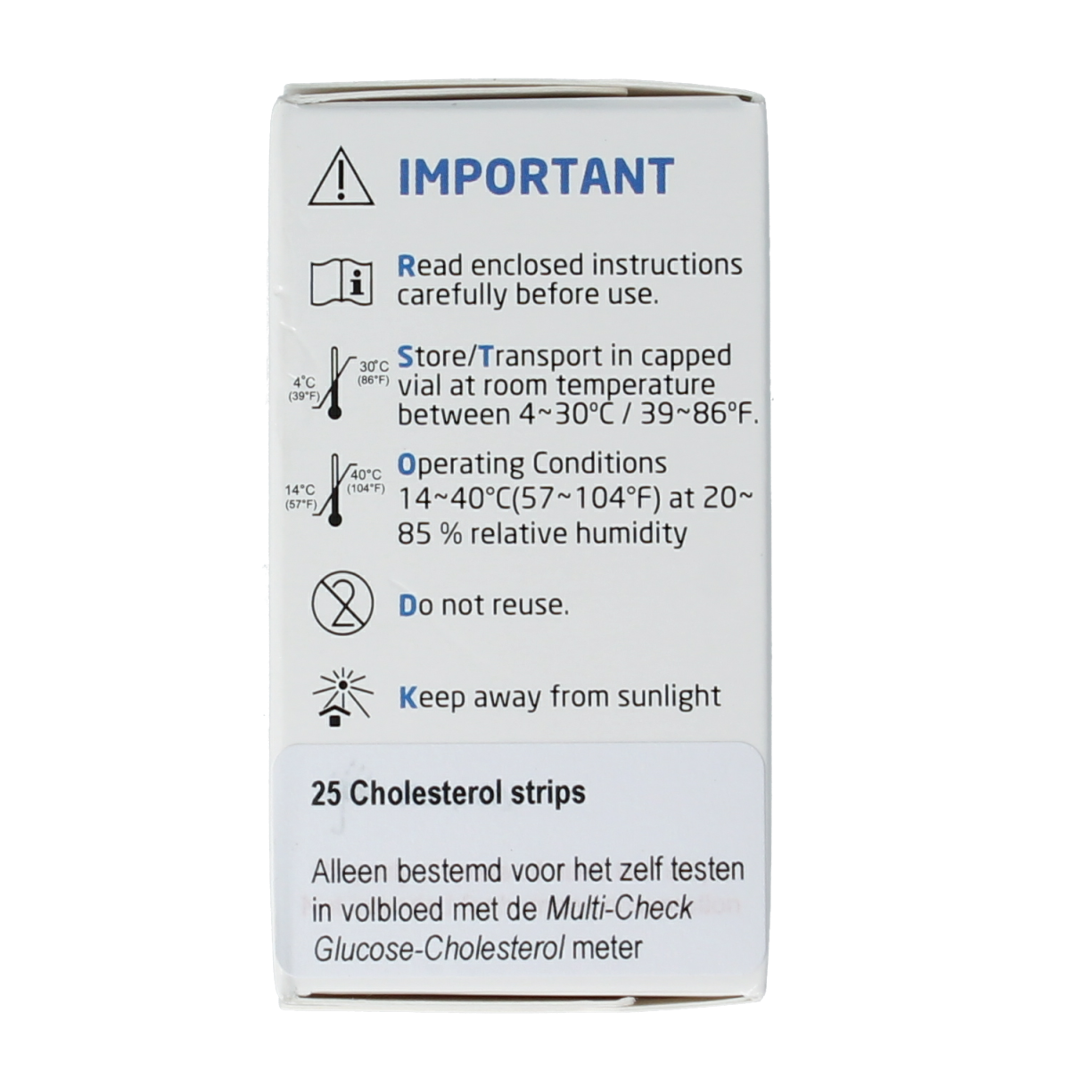 Testjezelf.nu Multicheck cholesterol test strips, 25-pack, for at-home blood cholesterol testing, with individual test strip images.