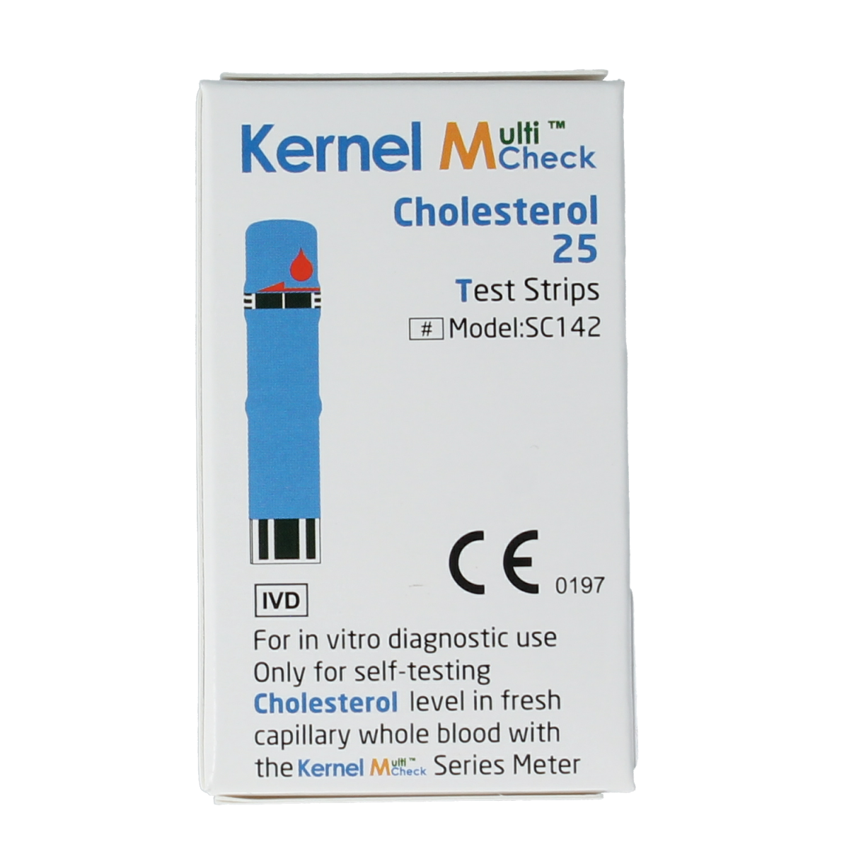 Testjezelf.nu Multicheck cholesterol test strips, 25 pack, showing individual strips with color-coded testing areas.