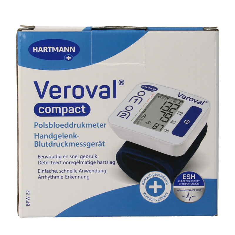 Veroval Compact blood pressure monitor and glucometer with cuff, shown in a close-up image.