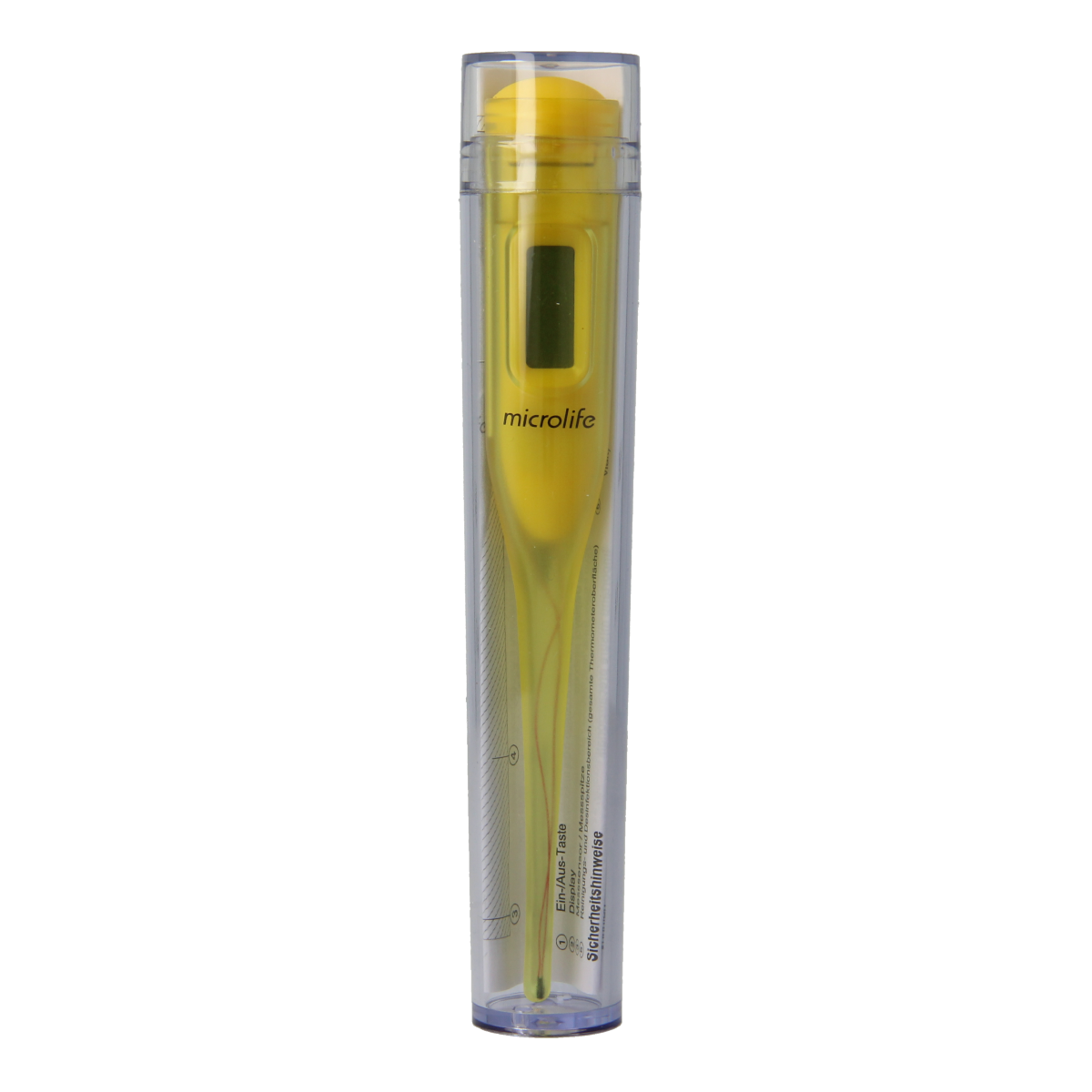 Microlife Thermometer MT50 showing digital display and probe, designed for accurate body temperature measurement.
