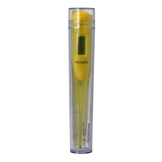 Microlife Thermometer MT50 showing digital display and probe, designed for accurate body temperature measurement.