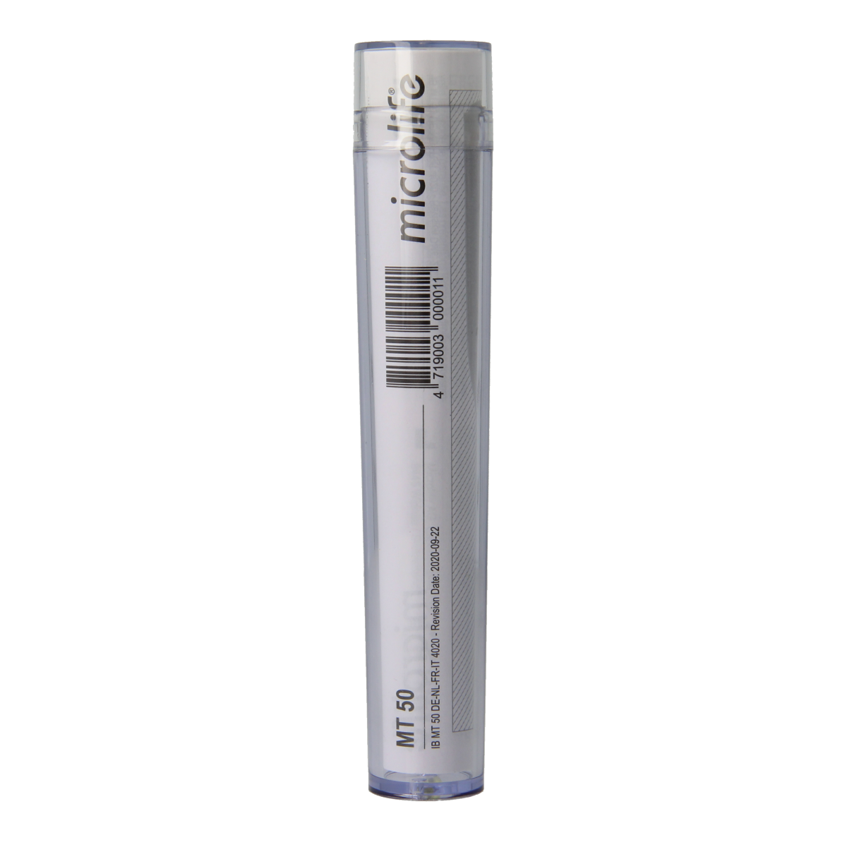Microlife Thermometer MT50 showing digital display and probe for accurate body temperature measurement.