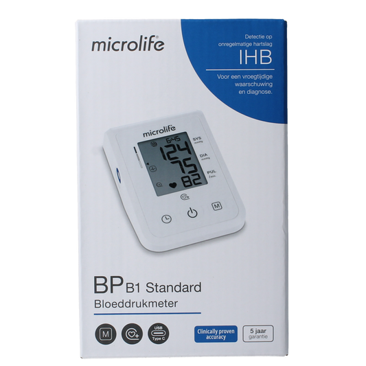 Microlife BPB1 blood pressure monitor and cuff, standard size, displayed with digital screen and cuff components.