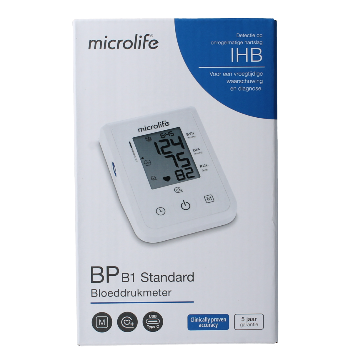 Microlife BPB1 blood pressure monitor with cuff, digital display, and control buttons, used for measuring blood pressure at home.