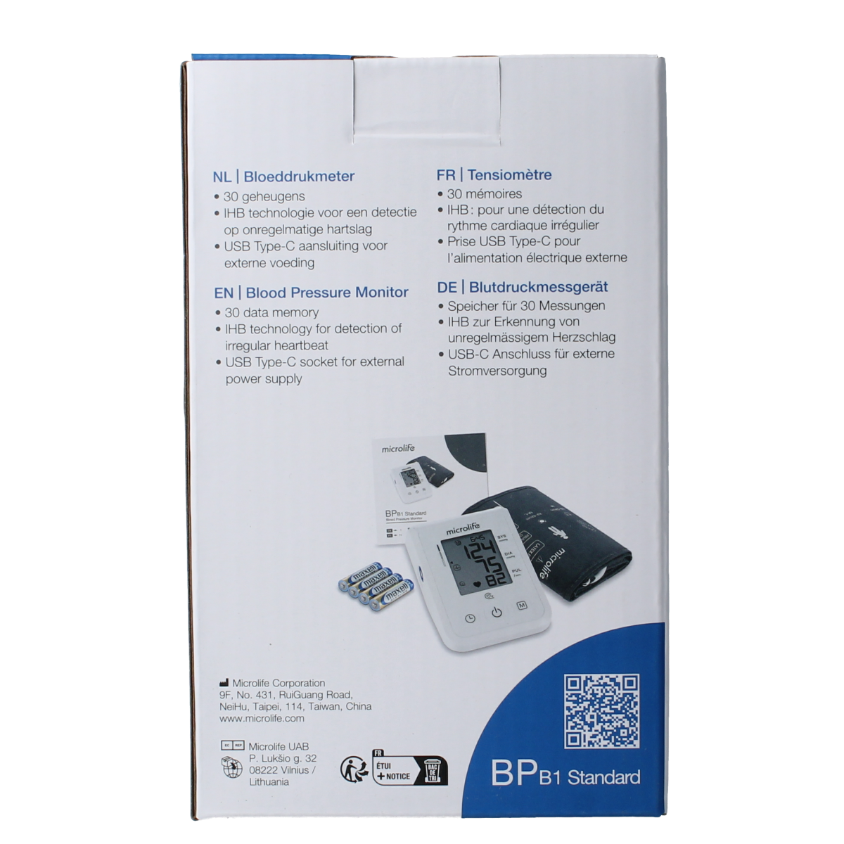 Microlife BPB1 blood pressure monitor with cuff, digital display, and accessories for accurate blood pressure measurement.