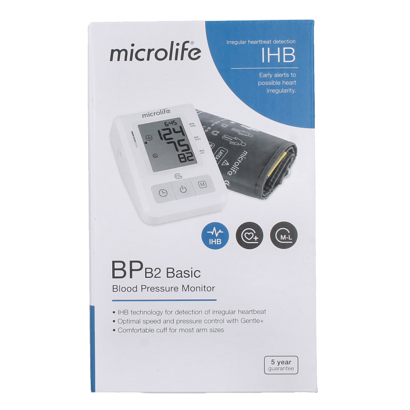 Microlife MIC BPB3 blood pressure monitor with cuff, digital display, and control buttons for accurate blood pressure measurement.