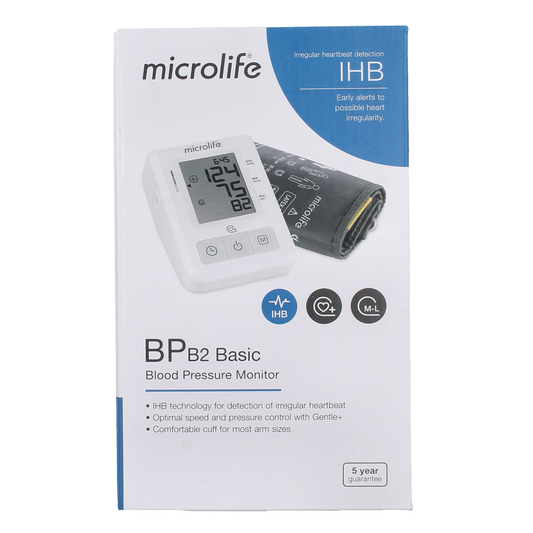 Microlife MIC BPB2 Basic blood pressure monitor with cuff, digital display, and control buttons for accurate readings.
