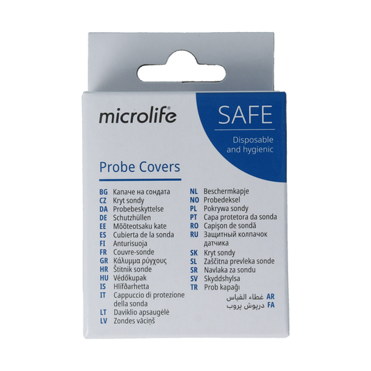 Microlife Probecover oorthermometer IR210, 40 disposable covers for ear thermometers, with packaging and covers visible.