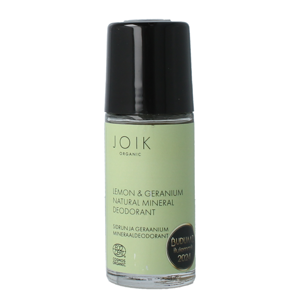 Joik Organics vegan Lemon & Geranium mineral deodorant in a 50ml container with a natural, fresh appearance.