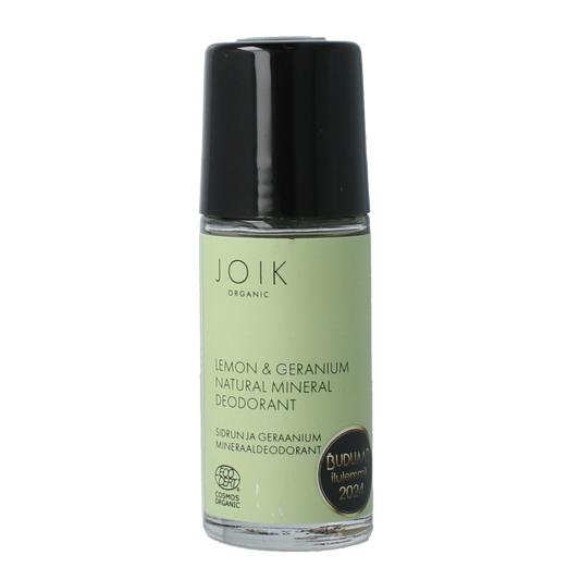 Joik Organics vegan Lemon & Geranium mineral deodorant in a 50ml container with a natural, fresh appearance.