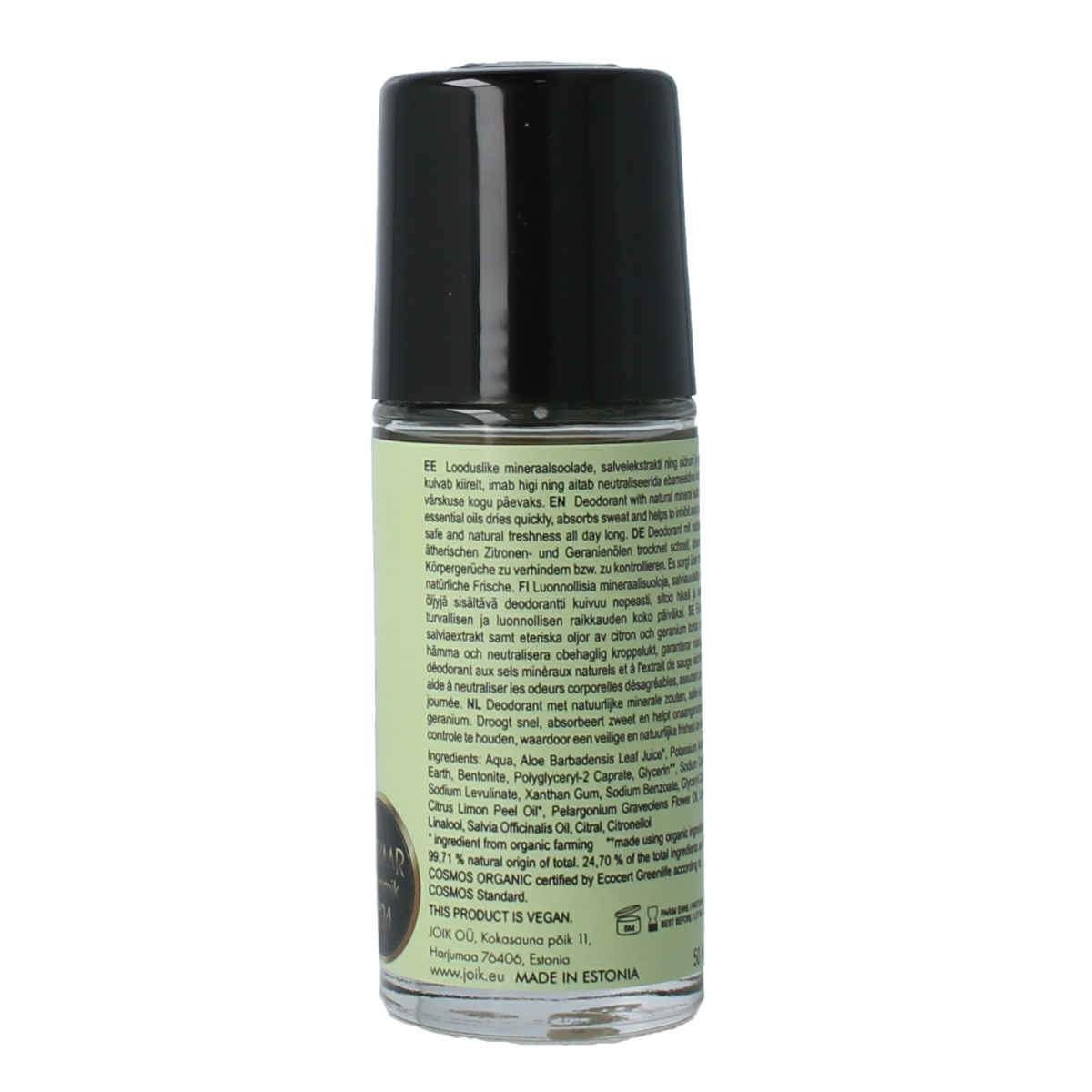 Joik Organics Lemon & Geranium mineral vegan deodorant stick in 50ml container, with fresh lemon and geranium scent.