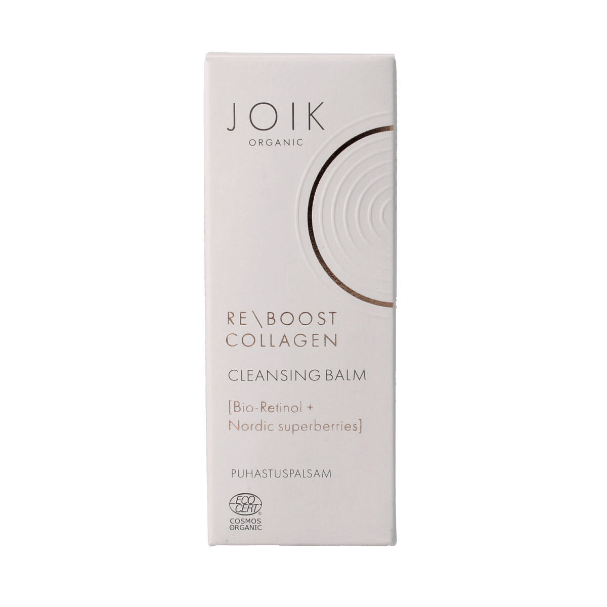 Joik Organics Re-boost collagen cleansing balm with bio-retinol, 100ml, featuring a jar of facial cleansing balm with natural ingredients.