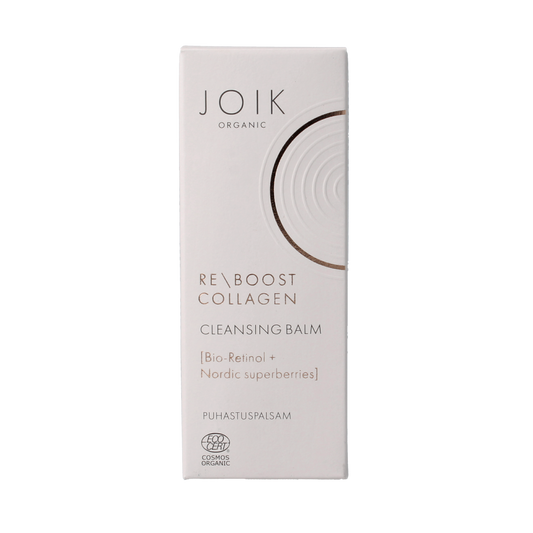 Joik Organics Re-boost collagen cleansing balm with bio-retinol, 100ml, featuring a jar of facial cleansing balm with natural ingredients.