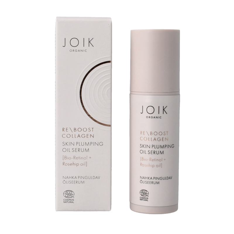 Joik Organics Re-boost collagen oil serum in 30ml bottle, skin plumping facial skincare product with natural ingredients.