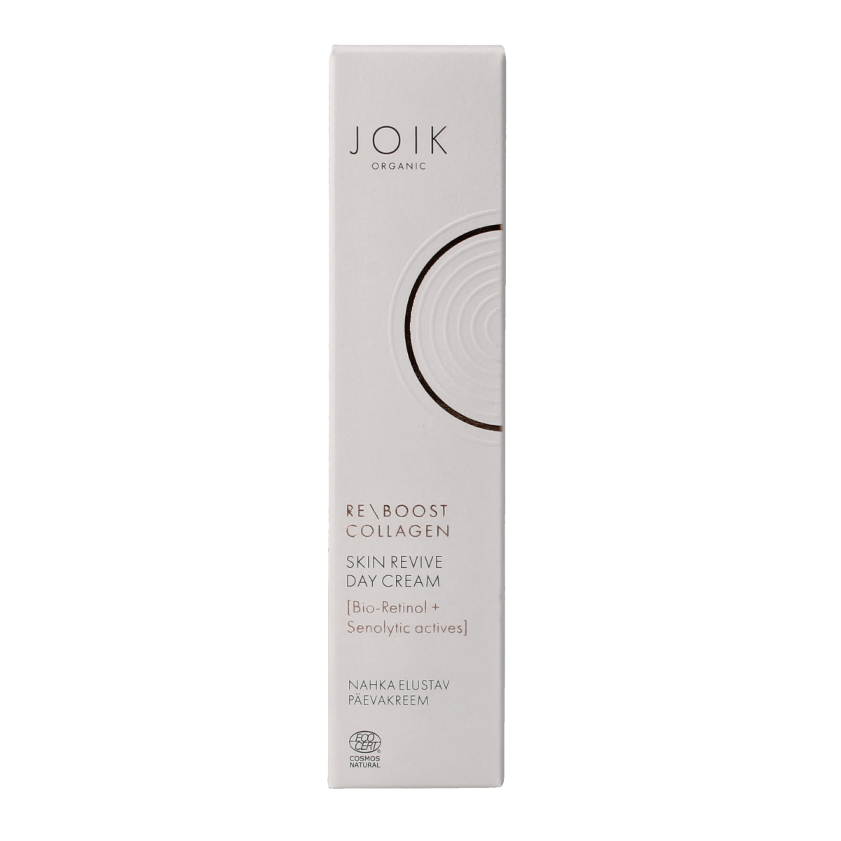 Joik Organics Re-boost collagen day cream for revitalizing skin, 50ml facial skincare product with smooth cream texture.