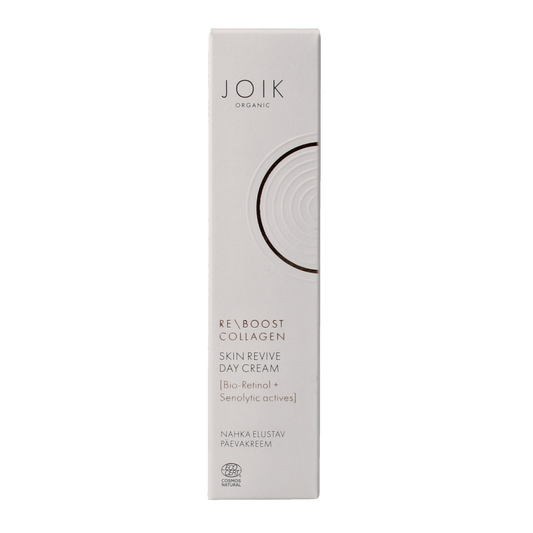 Joik Organics Re-boost collagen day cream for revitalizing skin, 50ml facial skincare product with smooth cream texture.