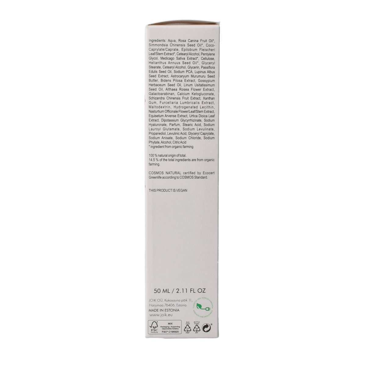 Joik Organics Re-boost collagen day cream for skin revival, 50ml, in a white jar with a silver lid, featuring a natural skincare design.