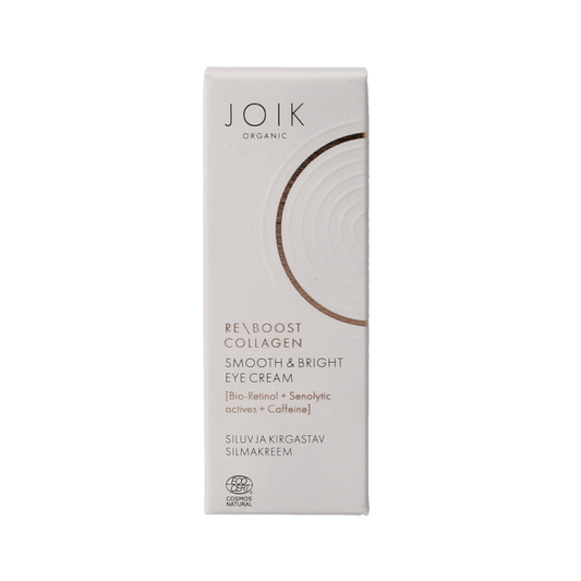 Joik Organics Re-boost collagen eye cream in 15ml bottle, designed for smoothing and brightening delicate eye area skin.