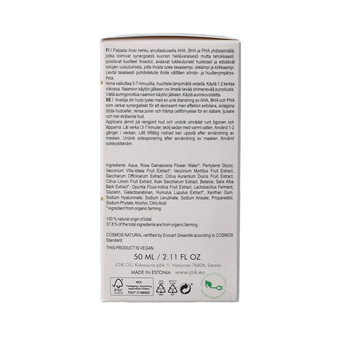 Joik Organics Re-boost glow peeling mask for face, 50ml, featuring a smooth texture and natural ingredients for skin resurfacing.