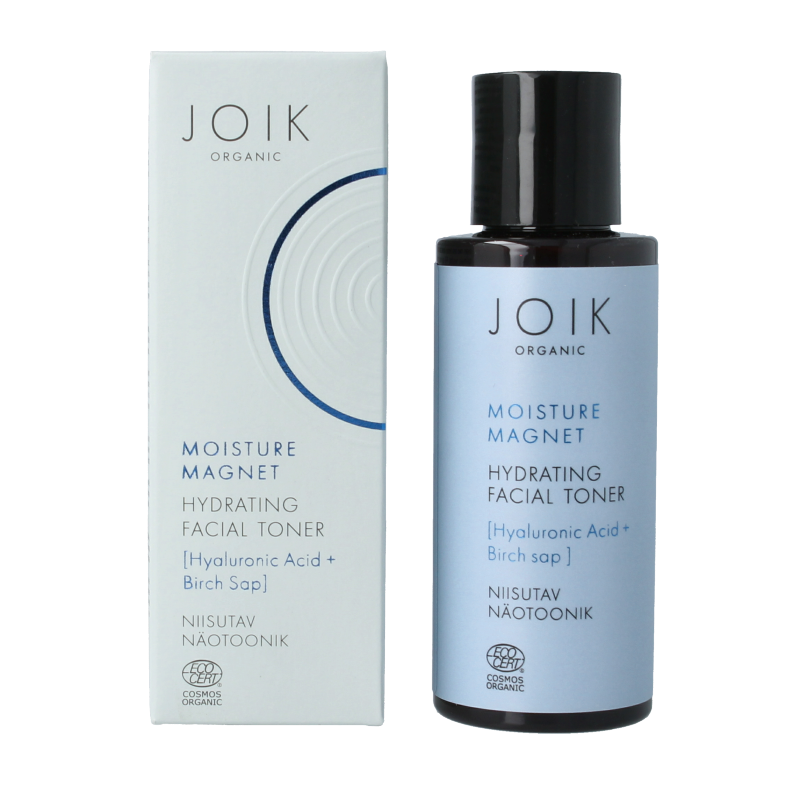 Joik Organics Moisture Magnet Toner for hydrating facial skincare, 100ml, with a clear bottle and applicator pad.