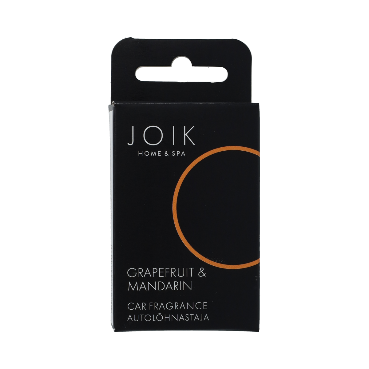 Joik Organics grapefruit and mandarin car fragrance diffuser with natural scent, displayed in a clear image.