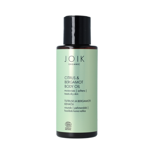 Joik Organics vegan citrus and bergamot body oil in a 100ml bottle, natural skincare product for nourishing body care.