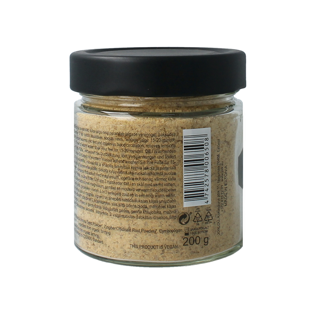 Joik Organics organic foot bath salt in a 200g container, warming and soothing for foot care and relaxation.
