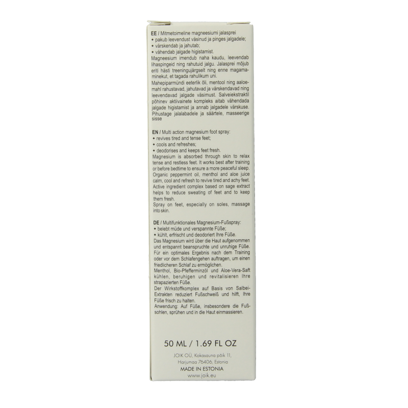 Joik Organics organic foot spray with magnesium in a 50ml bottle, designed for natural foot care and freshness.
