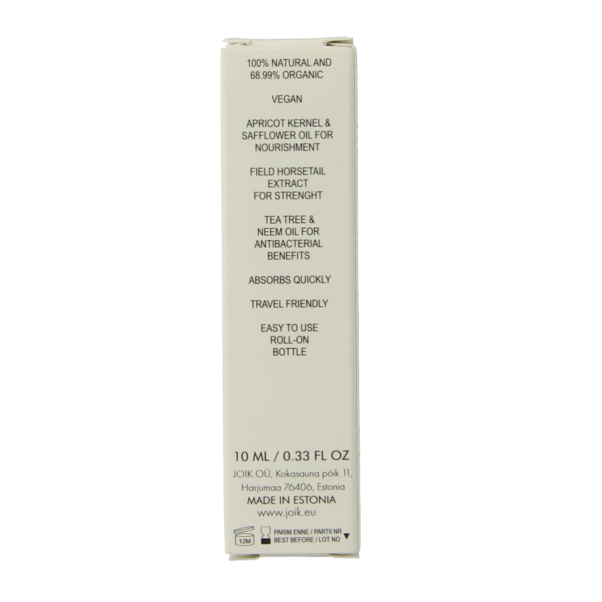 Joik Organics organic nail and cuticle moisturizing oil in a 10ml bottle, designed for hand care and nourishing cuticles.