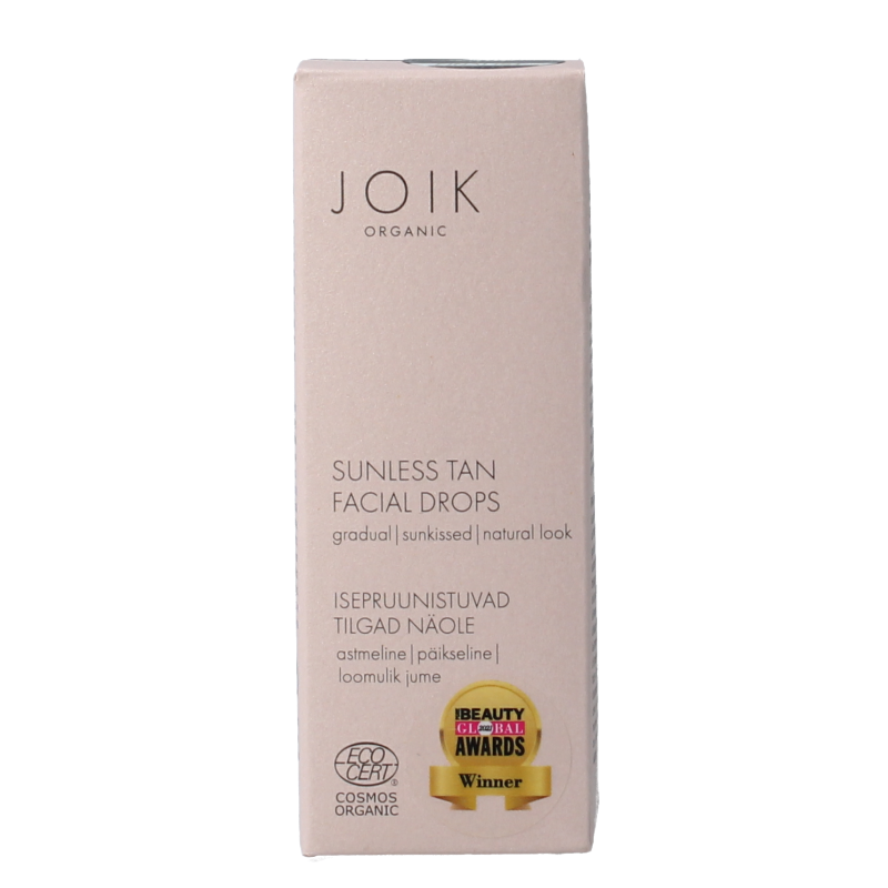 Joik Organics Sunless tan facial drops in 30ml bottle, natural skincare Zonnen product for a sun-kissed glow.
