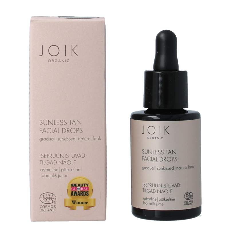 Joik Organics sunless tan facial drops in 30ml bottle, natural tanning serum for the face, with organic ingredients.