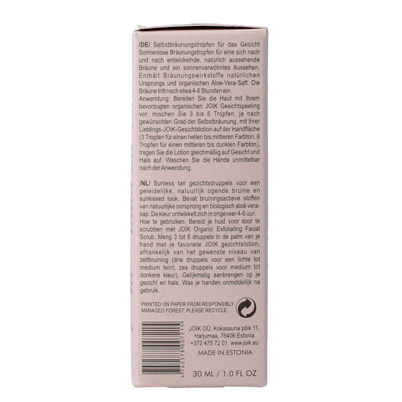 Joik Organics sunless tan facial drops in 30ml bottle, natural skincare product for a sun-kissed glow on the face.
