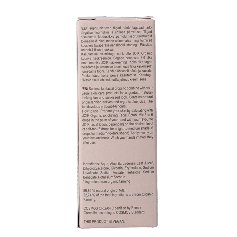 Joik Organics sunless tan facial drops in 30ml bottle, natural skincare product for a sun-kissed glow on the face.