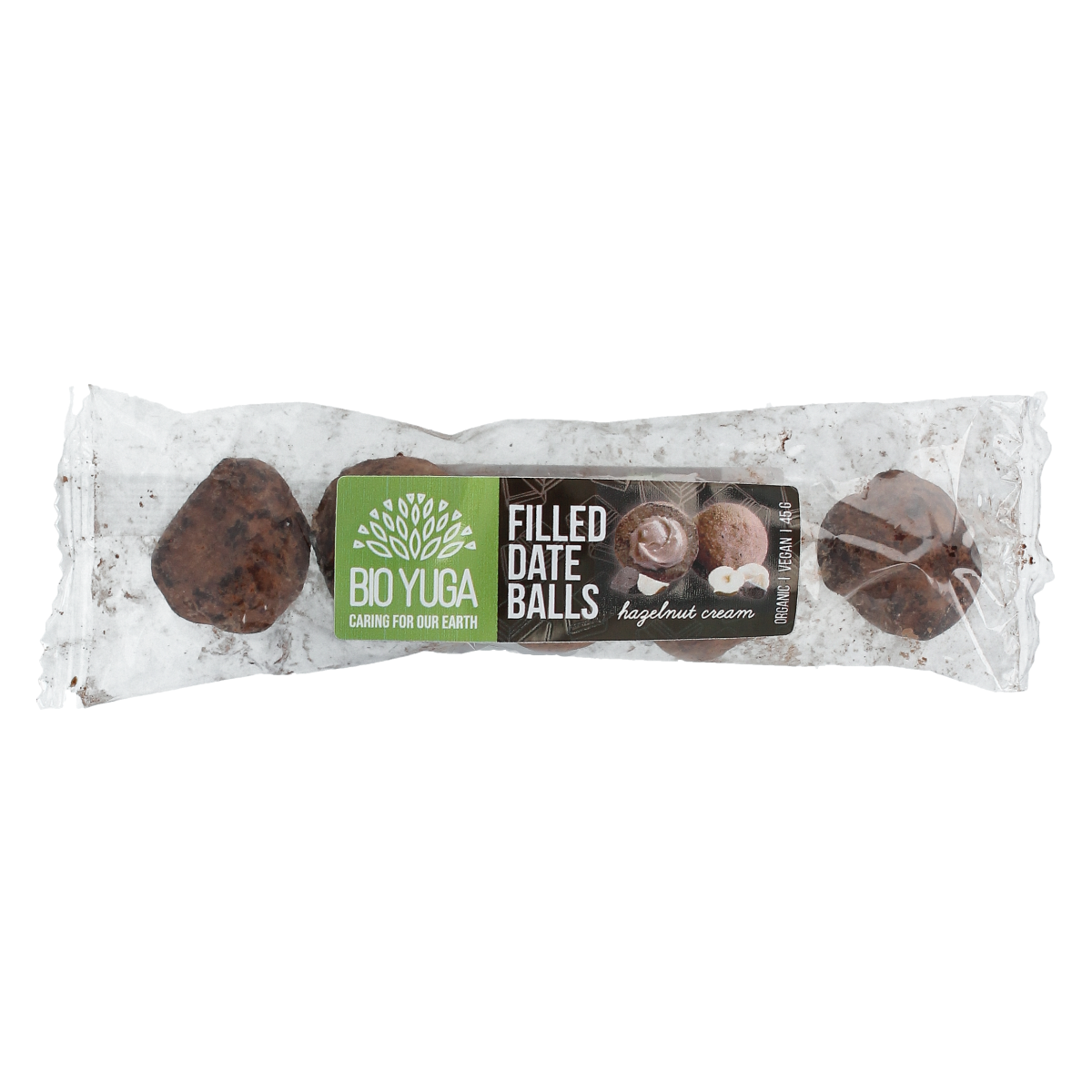 Bioyuga hazelnut and cacao cream date balls, organic snoepgoed, in a 45g package, with a close-up of the treats.