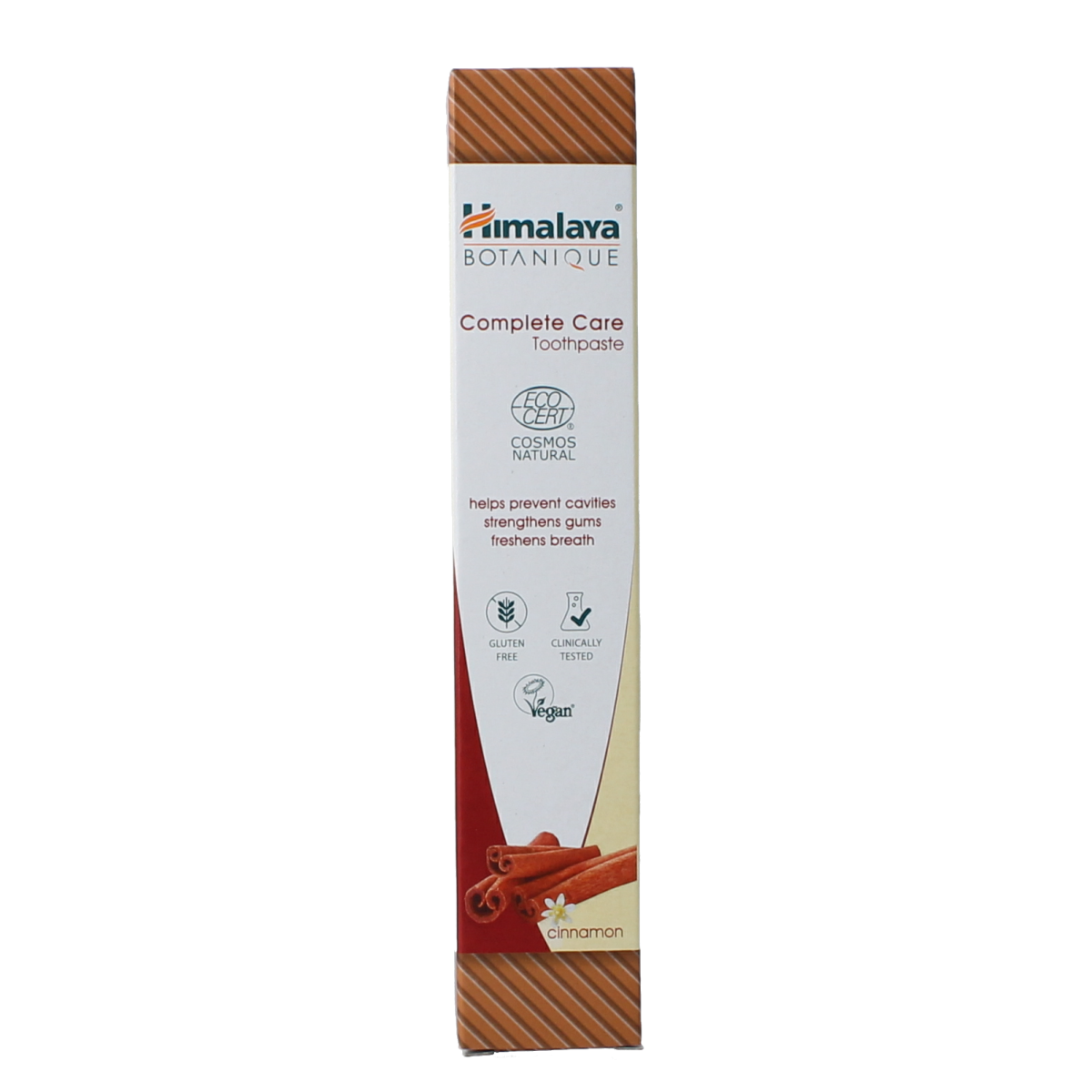Himalaya Botanique Complete Care Cinnamon toothpaste in 75g tube with herbal packaging and natural ingredients visible.