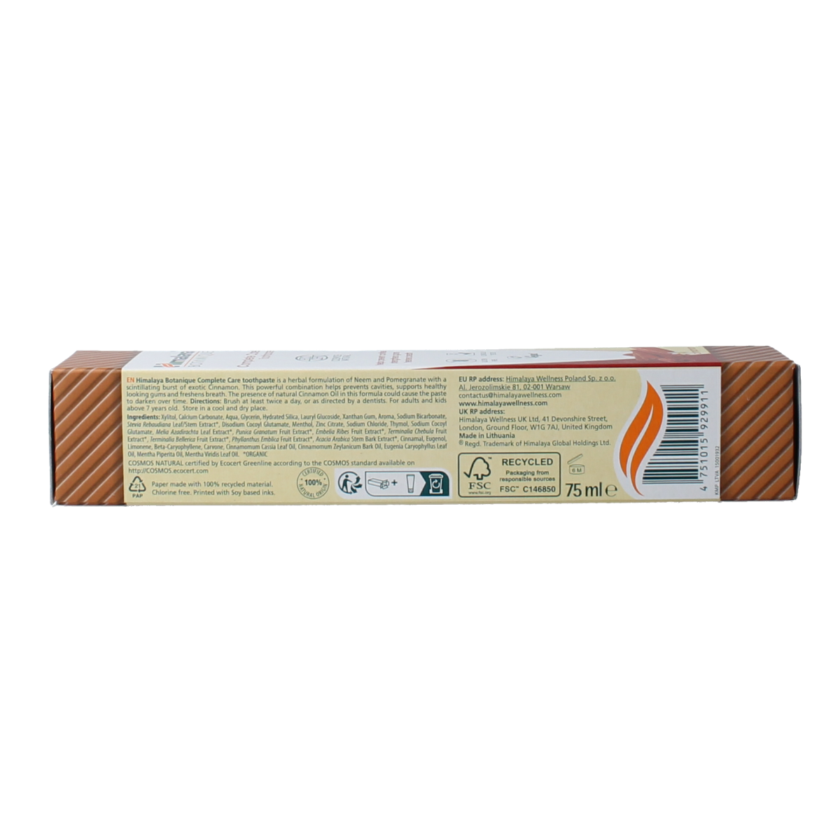 Himalaya Botanique Complete Care Cinnamon toothpaste in 75g tube, featuring natural herbal ingredients for oral health.