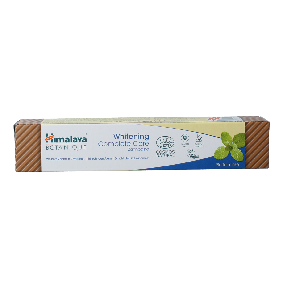 Himalaya Botanique Complete Care Whitening toothpaste in a 75g tube, featuring herbal ingredients for healthy teeth and fresh breath.