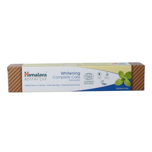 Himalaya Botanique Complete Care Whitening toothpaste in a 75g tube, featuring herbal ingredients for healthy teeth and fresh breath.