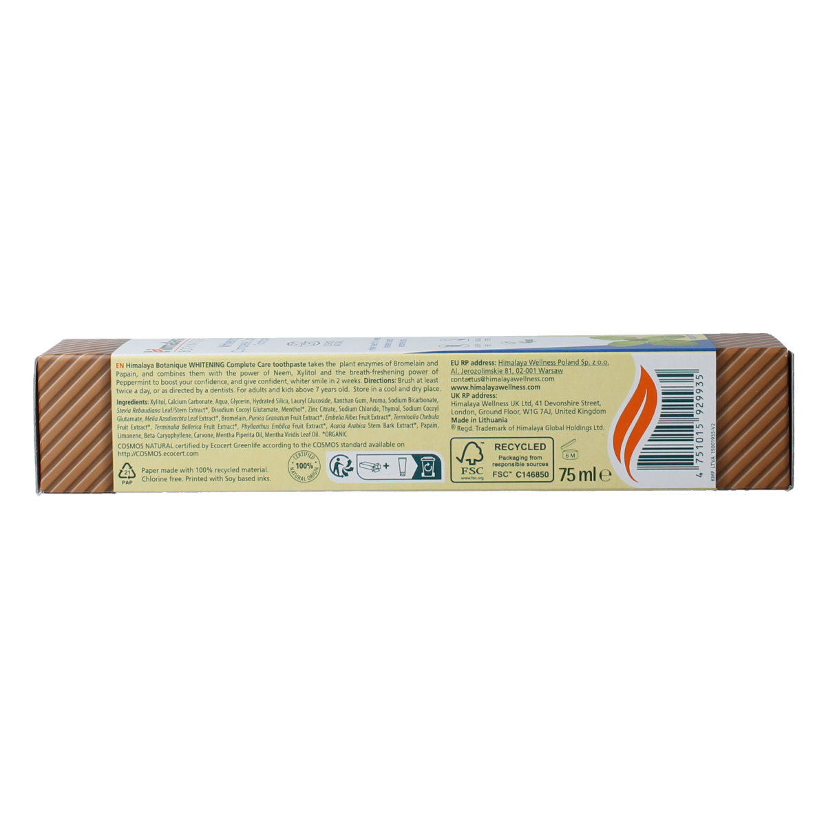 Himalaya Botanique Complete Care Whitening toothpaste in 75g tube, featuring natural herbal ingredients for oral health.