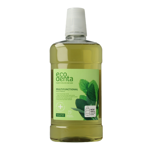 Ecodenta Mondwater multifunctioneel mouth rinse bottle, 500ml, natural oral care product, with a blue cap and label design.