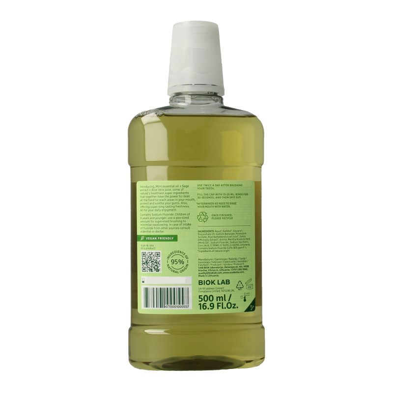 Ecodenta Mondwater multifunctioneel mouthwash bottle, 500ml, with label and cap visible, designed for oral hygiene.