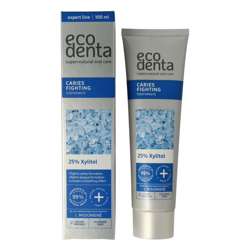 Ecodenta anti-cavity toothpaste in 100ml tube with natural herbal ingredients, designed for dental health.